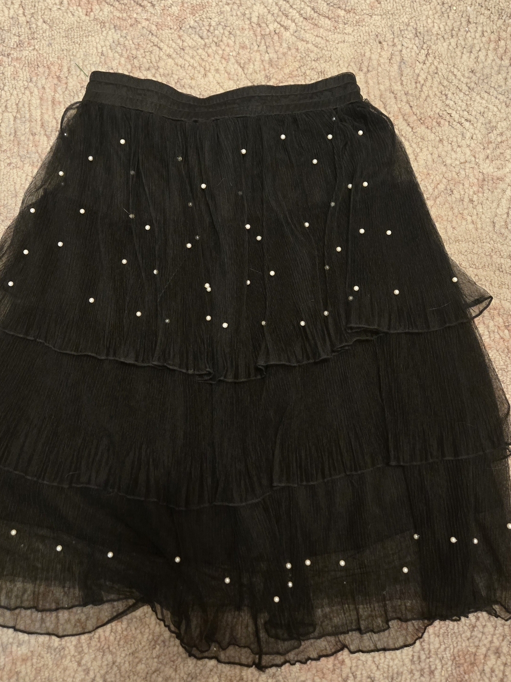 Black Tiered Pearl-Accent Skirt